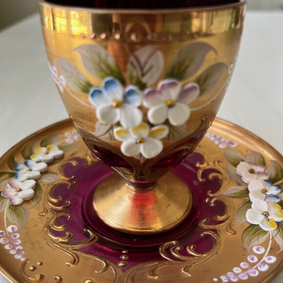 MURANO GLASS TEACUP SAUCER SET ITALY Venetian Hand Painted, Raised Floral Design - Picture 5 of 10